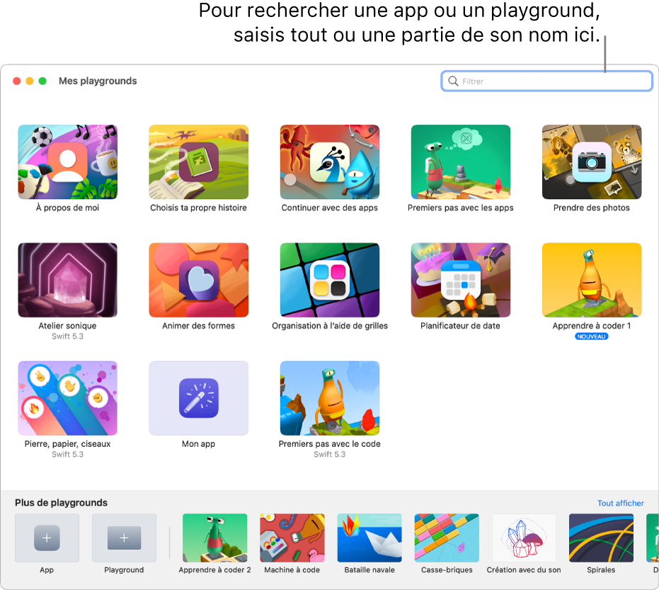 La fenêtre « Mes playgrounds », montrant les apps et des playgrounds que tu as téléchargés, ainsi qu’un champ de filtre en haut, qui te sert à rechercher une app ou un playground que tu as téléchargé.