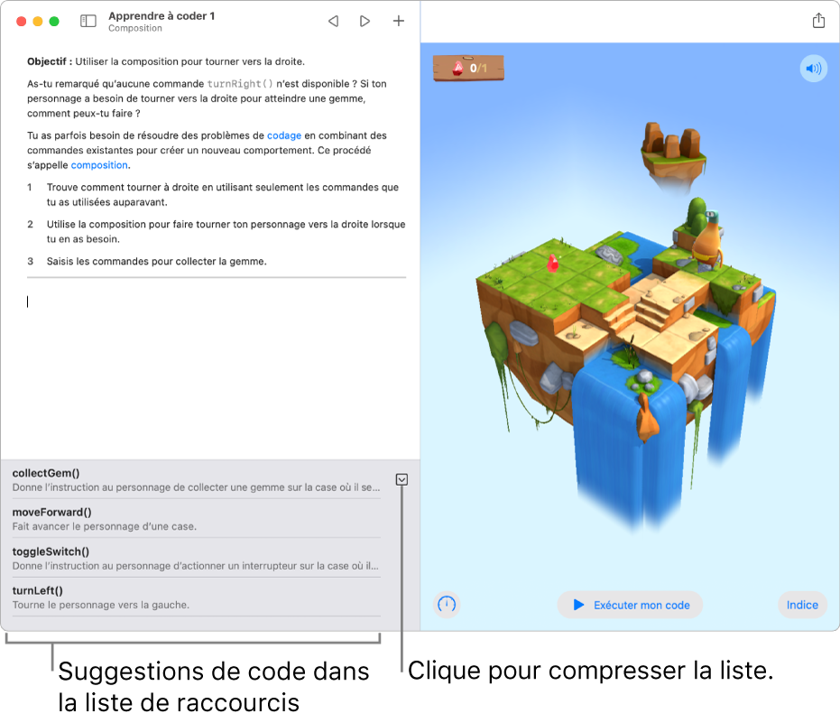 La liste des raccourcis en bas de la zone de codage, avec une liste de suggestions de code et le bouton « Afficher les achèvements de code compacté », qui permet de compresser la liste des raccourcis en barre.