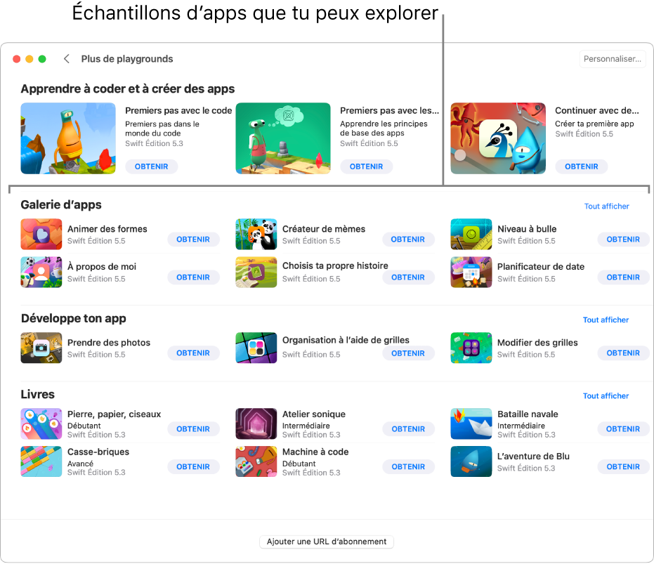 L’écran « Plus de playgrounds », affichant la section Galerie d’apps avec des échantillons d’apps que tu peux télécharger et explorer.