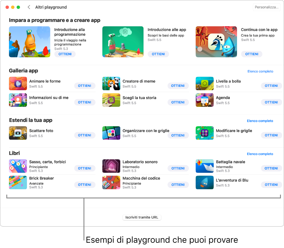 La schermata “Altri playground”. In basso è presente la sezione Libri, che mostra vari playground di esempio da provare.