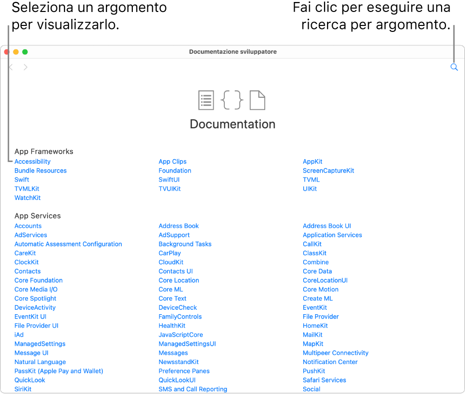 Una pagina playground, che visualizza la pagina Indice aperta della documentazione per sviluppatori sulla destra. Mostra l'icona di ricerca ed elenca gli argomenti su cui puoi fare clic per leggerli.
