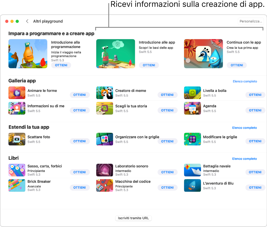 La schermata “Altri playground”. In alto è presente la sezione “Impara a programmare e a creare app”, che include due app di esempio progettate per imparare a realizzare app: “Introduzione alle app” e “Continua con le app”. Ciascuna di esse ha un pulsante Ottieni su cui puoi fare clic per effettuare il download.