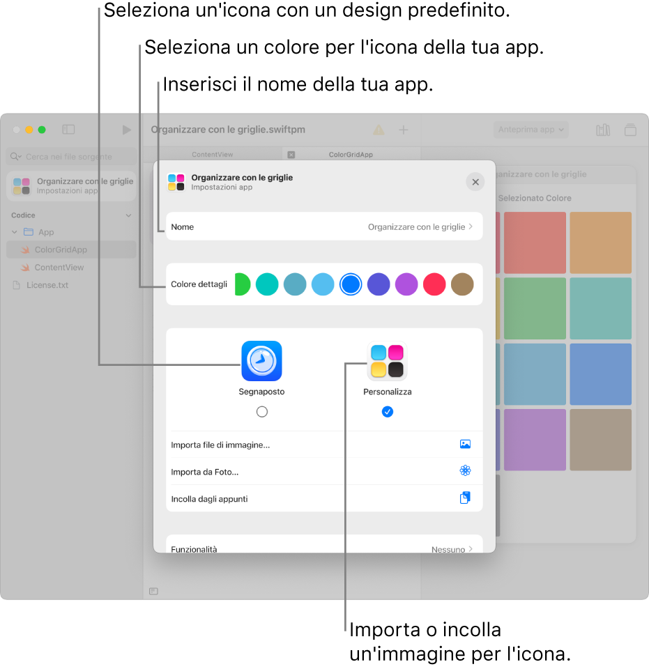 La finestra “Impostazioni app” che mostra un campo per il nome dell'app, le scelte per i colori e le opzioni per selezionare l'immagine da utilizzare per l'icona.