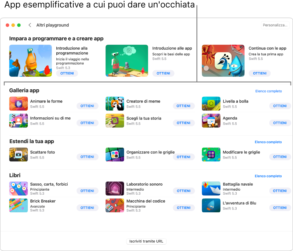 La schermata “Altri playground” che mostra la sezione “Galleria app”, con app di esempio che puoi scaricare ed esplorare.