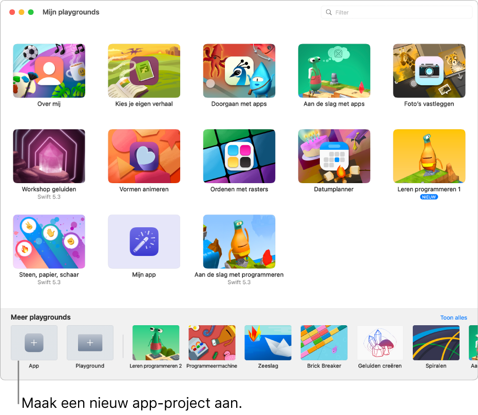 Het venster 'Mijn playgrounds'. Linksonder staat de knop 'App' voor het aanmaken van een nieuwe app.