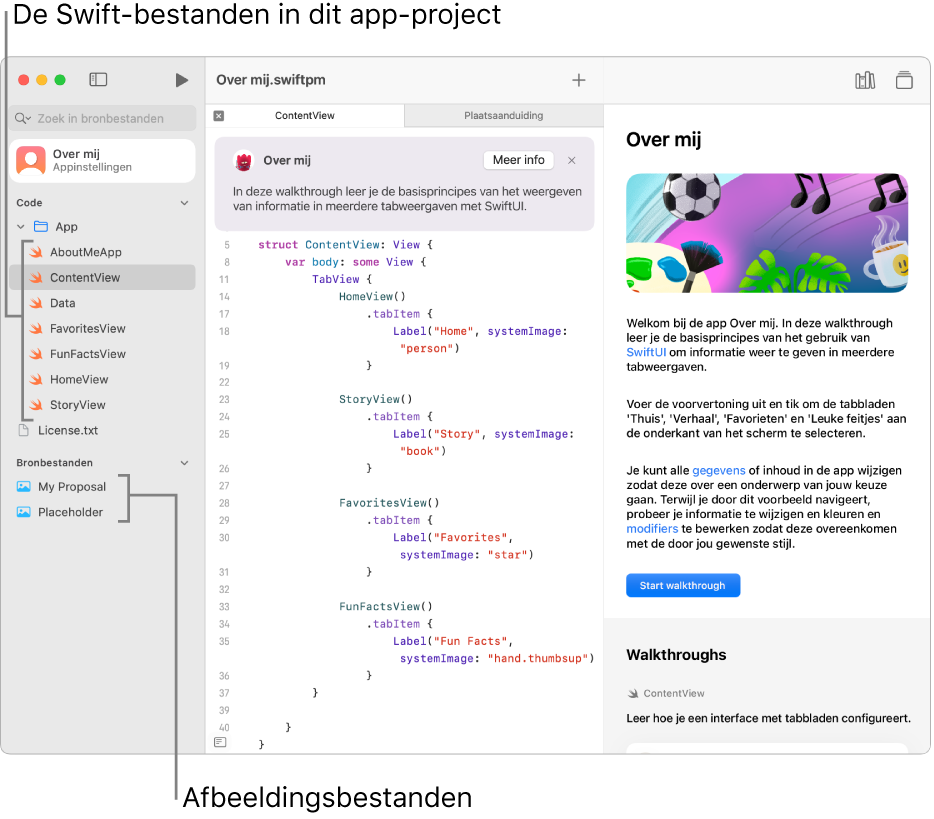 Een app-project met een geopende gids in de rechterzijkolom waarin de knop 'Start walkthrough' wordt weergegeven. De linkerzijkolom is ook geopend. Hierin worden de Swift-bestanden en afbeeldingen in het project weergegeven.