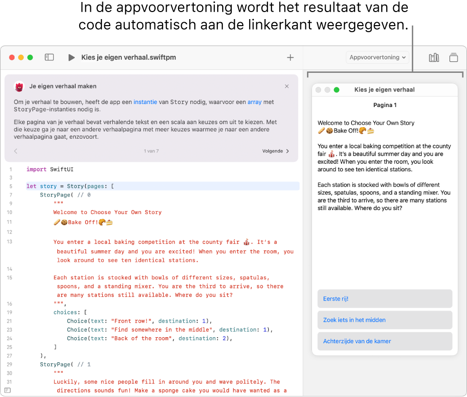 Een app voor het schrijven van verhalen met voorbeeldcode aan de linkerkant en het resultaat van de code in de appvoorvertoning aan de rechterkant. Boven het programmeergedeelte staat een korte beschrijving van de app.