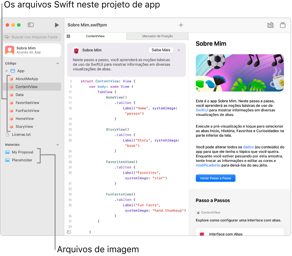 Um projeto de app com o Guia aberto na barra lateral direita, mostrando o botão Iniciar Passo a Passo. A barra lateral esquerda também está aberta, mostrando os arquivos Swift e imagens no projeto.