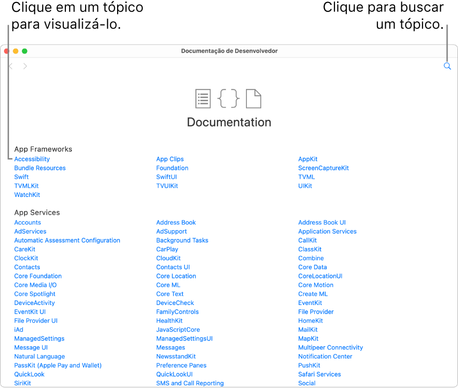 Página de um playground mostrando a página Índice da documentação de desenvolvedor aberta ao lado direito. Ela mostra o ícone de busca e lista os tópicos que podem ser clicados para ser lidos.
