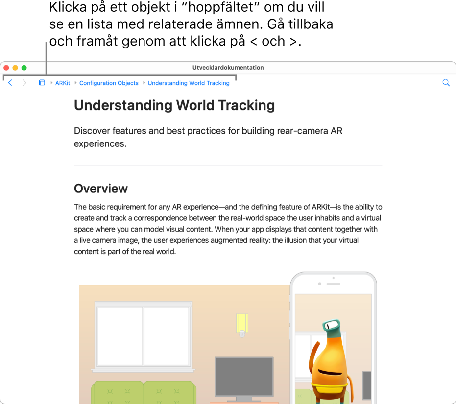 En sida från en artikel om ARKit från Apple Developer-webbplatsen. Högst upp på sidan finns ”hoppfältet” som visar dina steg genom dokumentationen. Klicka på ett element i fältet för att hämta en lista med relaterade ämnen som du snabbt kan hoppa till.