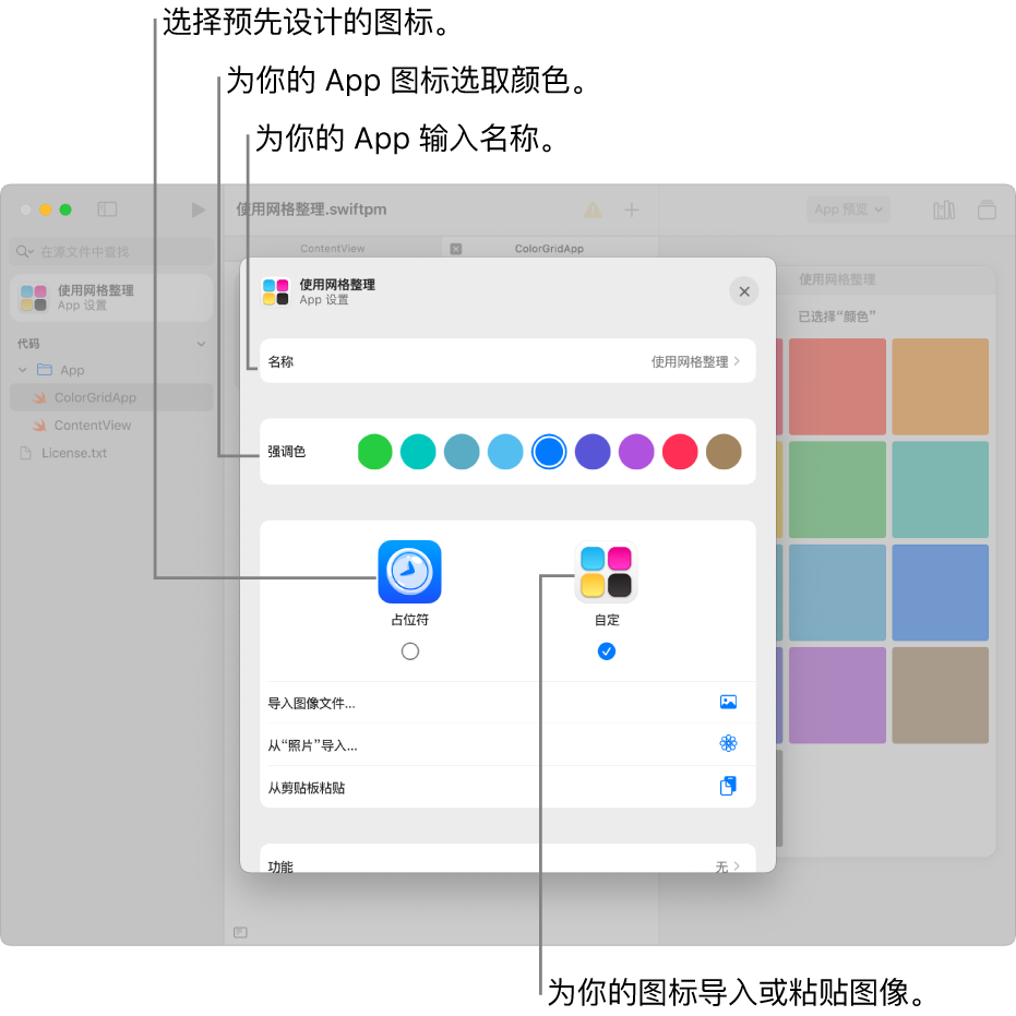 “App 设置”窗口，显示 App 的名称栏，颜色选择以及选择用于 App 图标的插图选项。