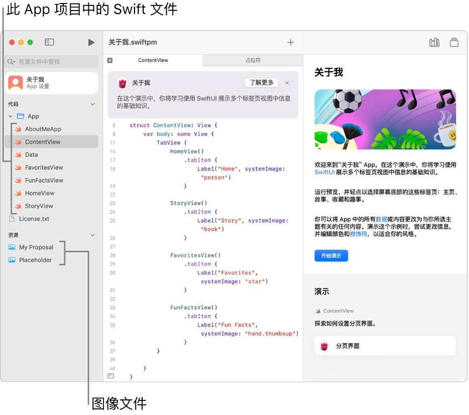 App 项目，“指南”在右侧边栏中打开，显示了“开始演示”按钮。 左侧边栏也已打开，显示了项目中的 Swift 文件和图像。