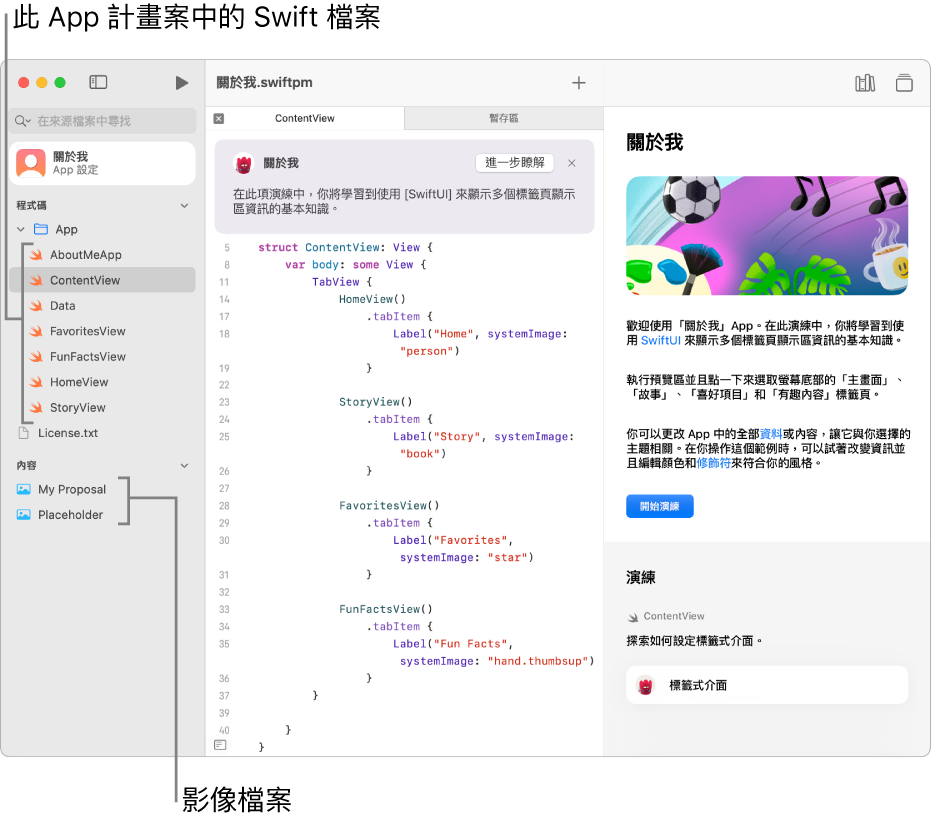 「指南」在右側側邊欄中打開、顯示「開始演練」按鈕的 App 計畫案。 左側側邊欄也已開啟，顯示計畫案中的 Swift 檔案和影像。