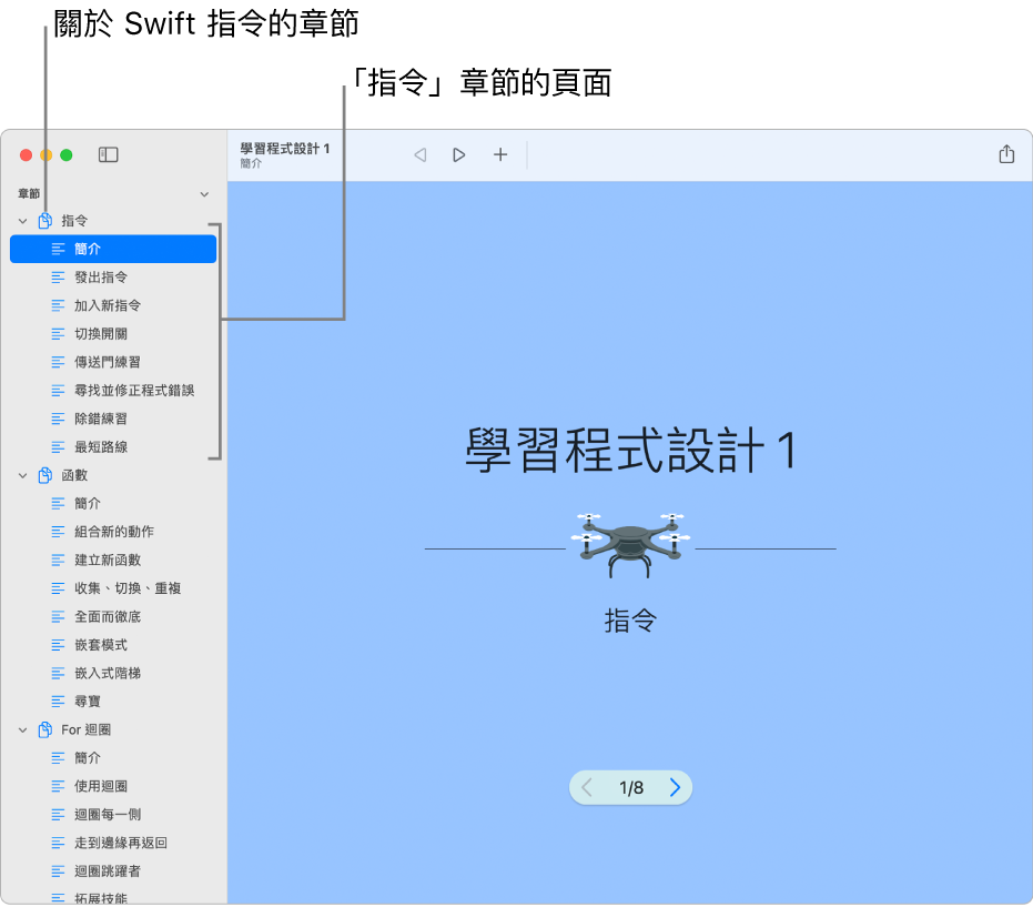 「學習程式設計 1」Playground 中「指令」章節的第一張幻燈片。側邊欄已開啟，顯示該 Playground 中的所有章節和頁面。