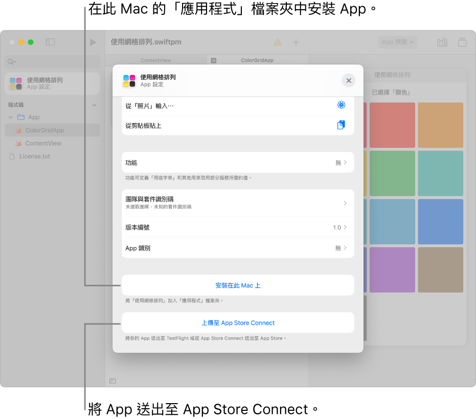 使用格狀顯示方式整理內容之 App 的「App 設定」視窗。 您可以使用此視窗中的控制項目來在 Mac 上的「應用程式」檔案夾中安裝 App，以及將 App 上傳到 App Store Connect。