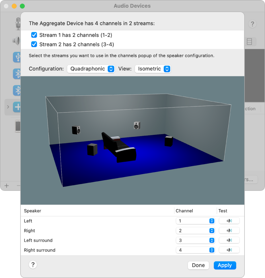 The Audio Devices window showing an aggregate device in the Quadrophonic Isometric View. In the list of streams at the top of the window, a stream with four channels is selected. The 3D view shows the four speakers positioned in the room.