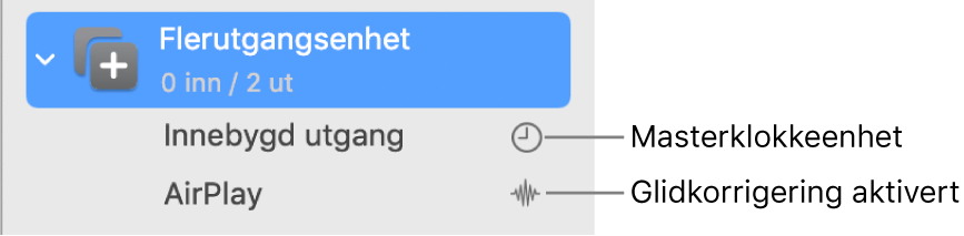 En liste som viser to lyd ut-enheter som er kombinert for å lage en flerutgangsenhet.