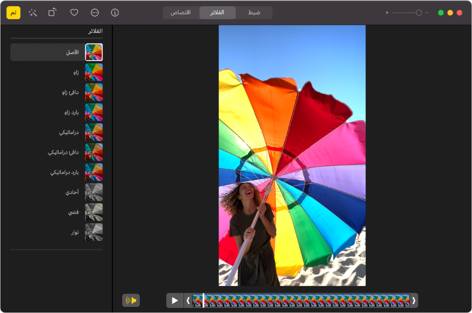 مقطع فيديو في عرض التحرير، مع تحديد خيار الفلاتر في أعلى نافذة تطبيق الصور بينما يعرض جزء الفلاتر خيارات فلتر.