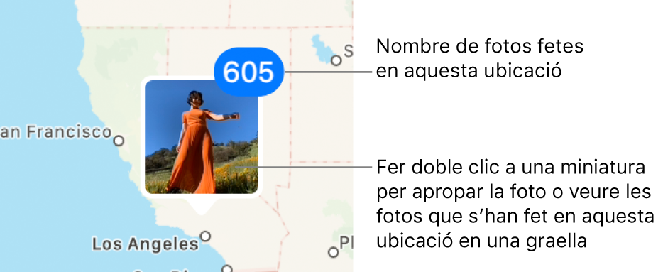 Una miniatura d’una foto al mapa, amb una xifra a l’angle superior dret que indica la quantitat de fotos que s’han fet en aquella ubicació.