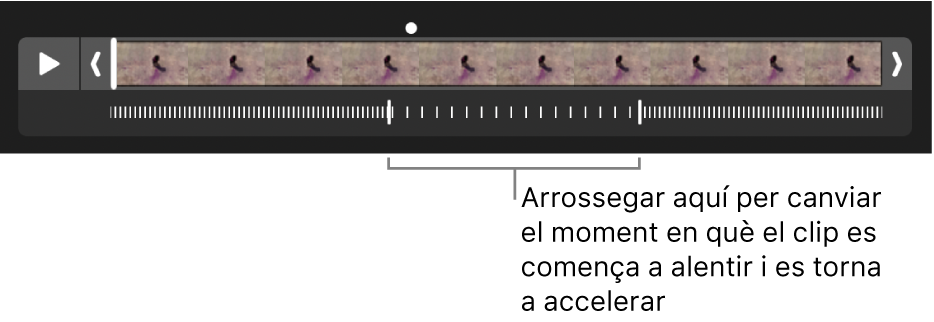 Un clip de vídeo a càmera lenta amb dos marcadors que pots arrossegar per canviar on s’alenteix el vídeo i on es torna a accelerar.