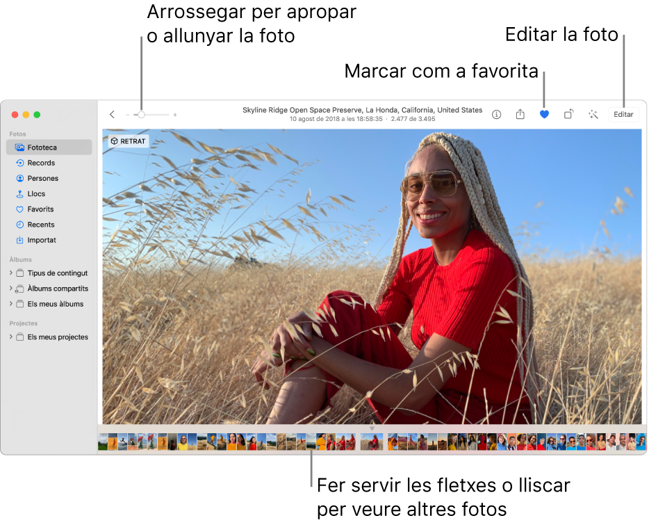La finestra de l’app Fotos on es mostra una foto ampliada a la dreta amb una fila de miniatures a sota. La barra d’eines de la part superior inclou el regulador Zoom, el botó Favorit i el botó Editar.
