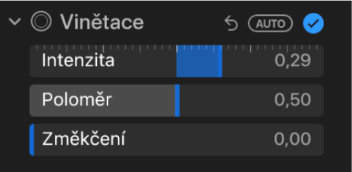 Ovládací prvky Vinětace na panelu Úpravy s jezdci Intenzita, Poloměr a Změkčení