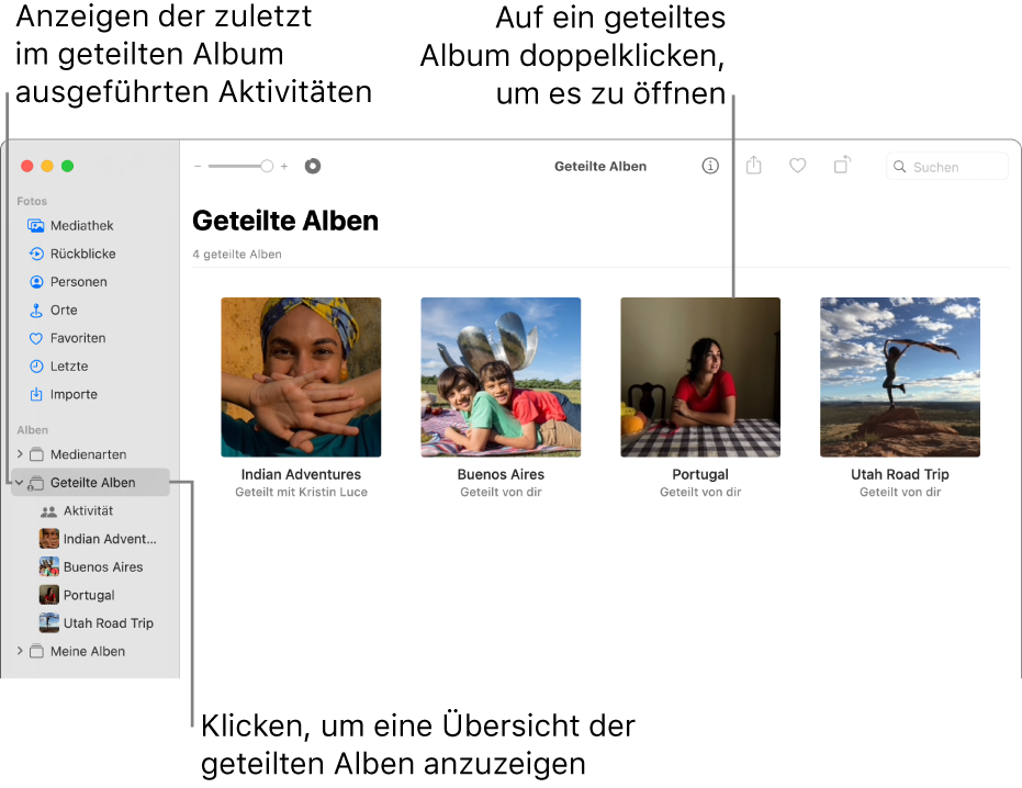 Das Fenster „Fotos“ mit dem in der Seitenleiste ausgewählten Bereich „Geteilte Alben“; rechts werden die geteilten Alben angezeigt.
