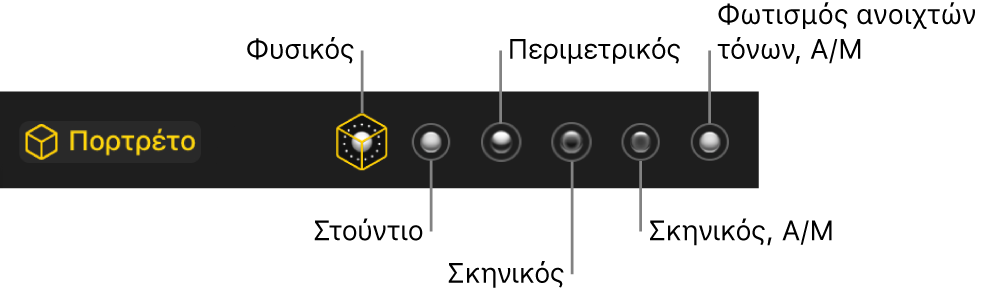 Επιλογές εφέ φωτισμού σε λειτουργία Πορτρέτου, συμπεριλαμβανομένων (από αριστερά προς τα δεξιά) των επιλογών «Φυσικός», «Στούντιο», «Περίγραμμα», «Σκηνικός», «Σκηνικός, Α/Μ» και «Φωτισμός ανοιχτών τόνων Α/Μ».