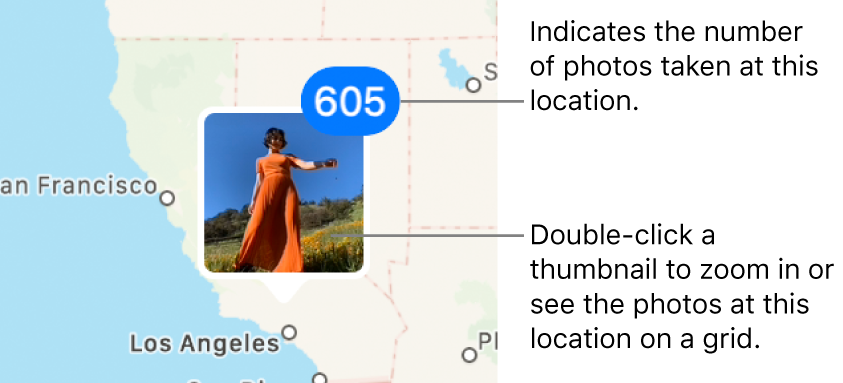 A photo thumbnail on a map with a number in the top-right corner indicating the number of photos taken at that location.