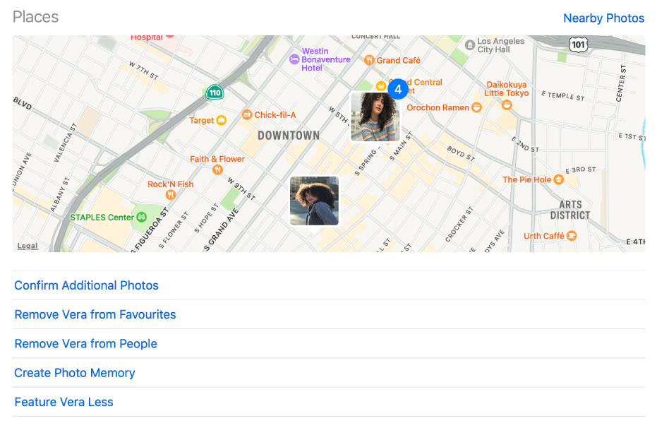 A map with thumbnails showing locations where photos of a person were taken and commands below the map for changing People settings.