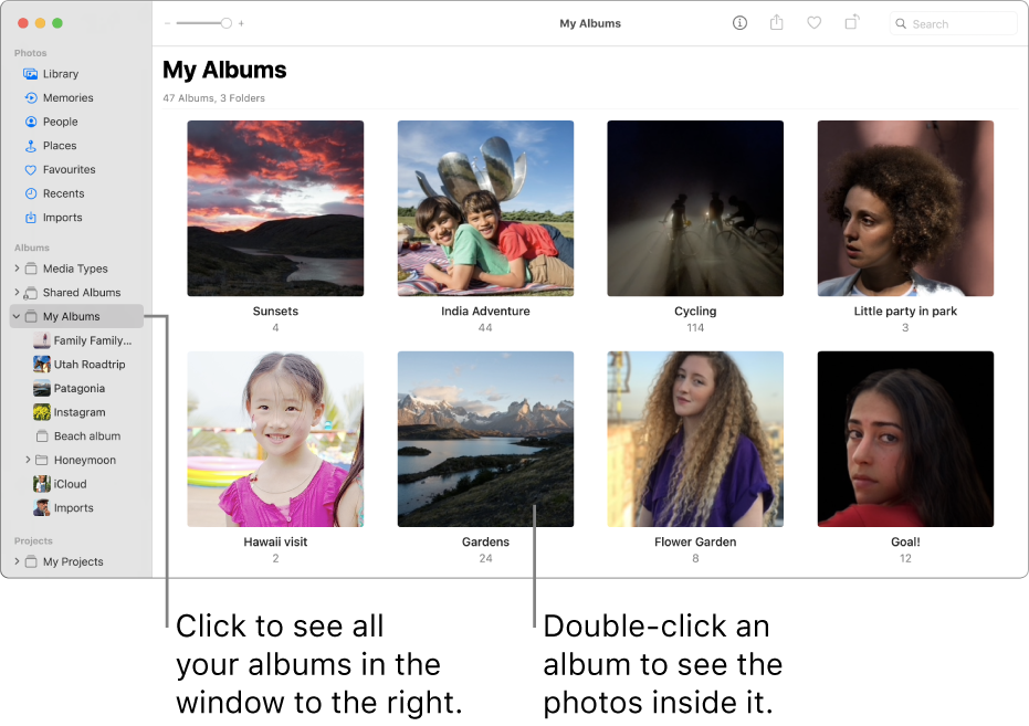 The Photos window with My Albums selected in the sidebar, and the albums you’ve created displayed in the window on the right.