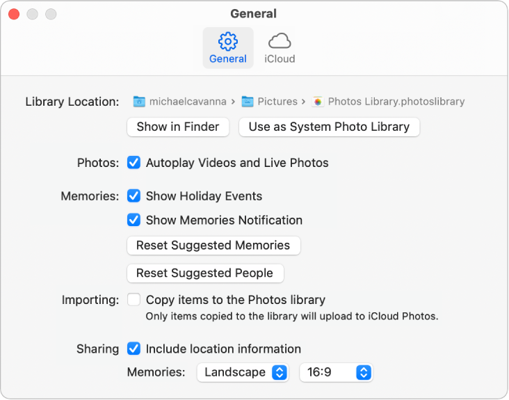 The General pane of Photos preferences.