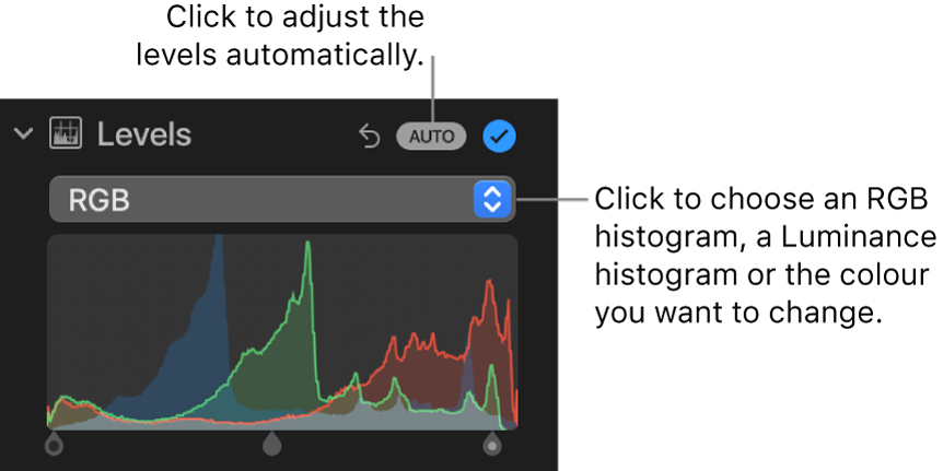 The Levels controls in the Adjust pane with the Auto button at the top right and the RGB histogram below.