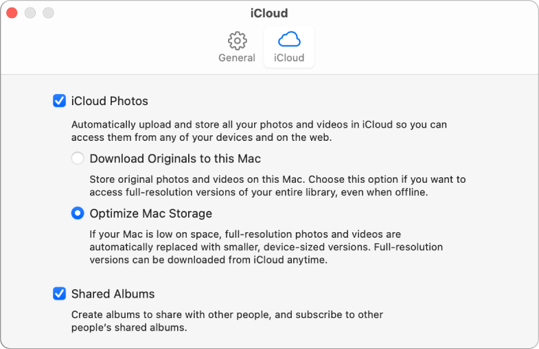 The iCloud pane of Photos preferences.