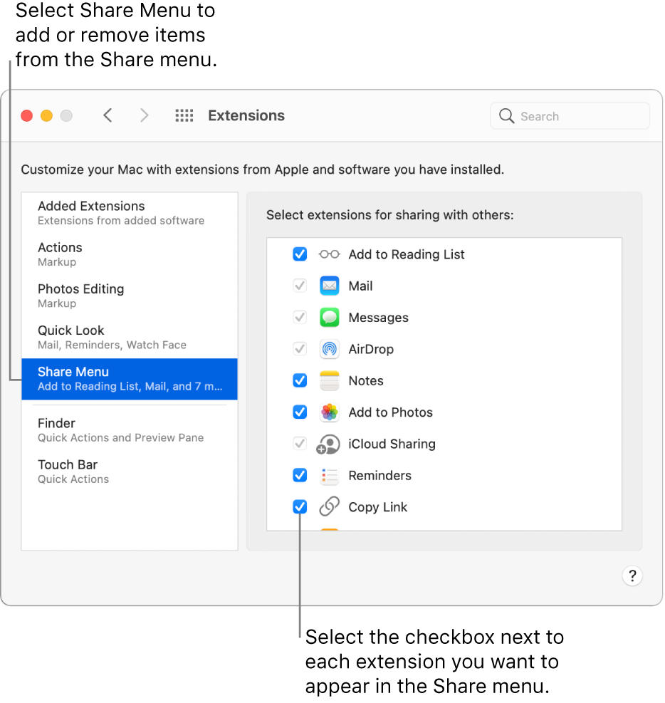 The Extensions pane of System Preferences, showing Share Menu selected and a list of third-party extensions on the right.