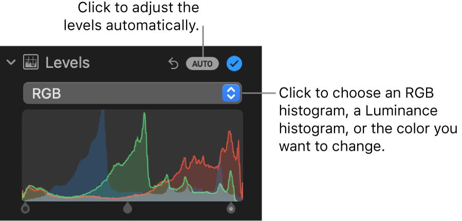 The Levels controls in the Adjust pane, with the Auto button at the top right and the RGB histogram below.