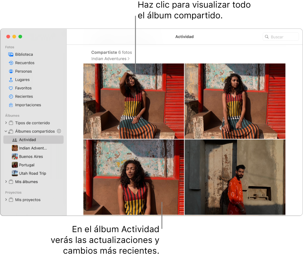 La ventana de Fotos con la opción Actividad seleccionada en la barra lateral y el álbum Actividad muestra a la derecha.