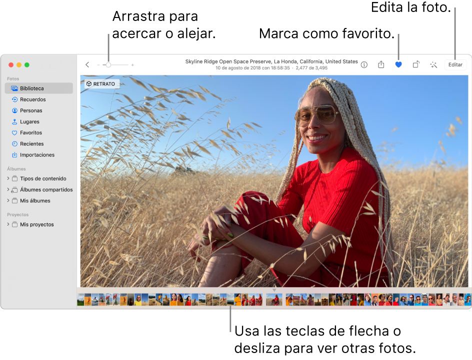 La ventana de Fotos mostrando una foto agrandada a la derecha, con una fila de miniaturas debajo. La barra de herramientas en la parte superior incluye el regulador Zoom, el botón Favoritos y el botón Editar.