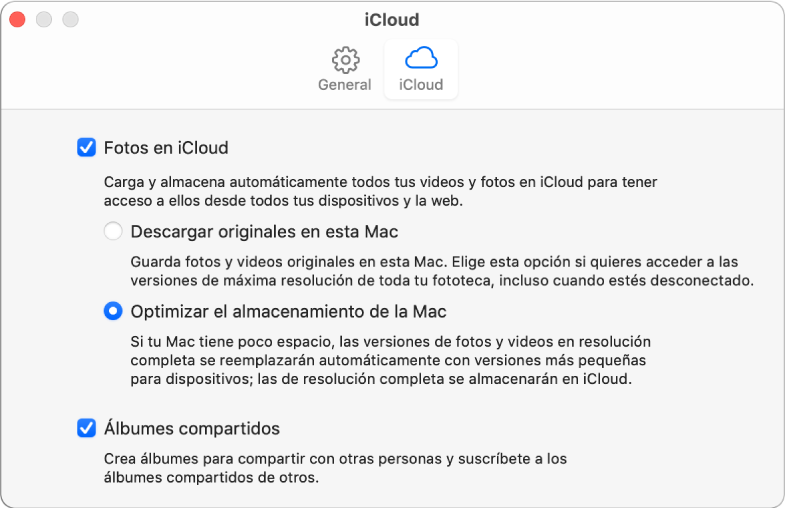 Panel iCloud de las preferencias de Fotos.