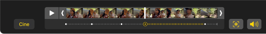 Un visor mostrando los cuadros de un video con efecto Cine, el botón Cine esta a la izquierda y el botón Audio a la derecha.