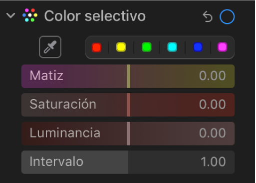 Los controles de “Color selectivo” en el panel Ajustar mostrando los reguladores Matiz, Saturación, Luminancia y Rango.