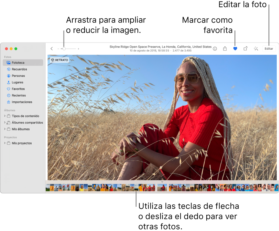 La ventana de Fotos con una foto ampliada a la derecha y una fila de miniaturas debajo. La barra de herramientas de la parte superior incluye el regulador Zoom, el botón Añadir a favoritos y el botón Editar.
