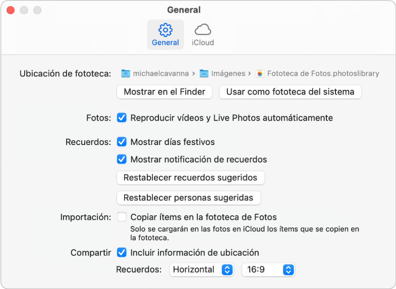 El panel General de las preferencias de Fotos.