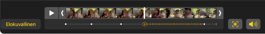 Kehysnäkymässä näkyvät Elokuvallisen videon kehykset sekä Elokuvallinen-painike vasemmalla ja Ääni-painike oikealla.