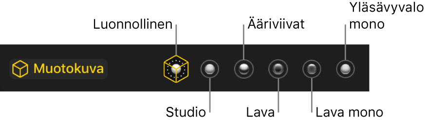 Pystytilan valaistustehostevaihtoehdot (vasemmalta oikealle) Luonnollinen, Studio, Korostus, Lavavalo, Lavavalo Mono ja Yläsävyvalo mono.