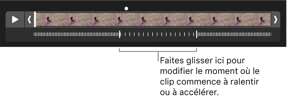 Un vidéoclip au ralenti avec des poignées que vous pouvez déplacer pour modifier où la vidéo ralentit et réaccélère.