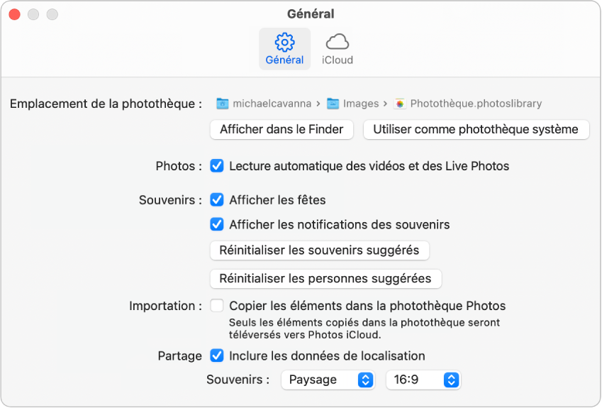 La sous-fenêtre Général des préférences Photos.