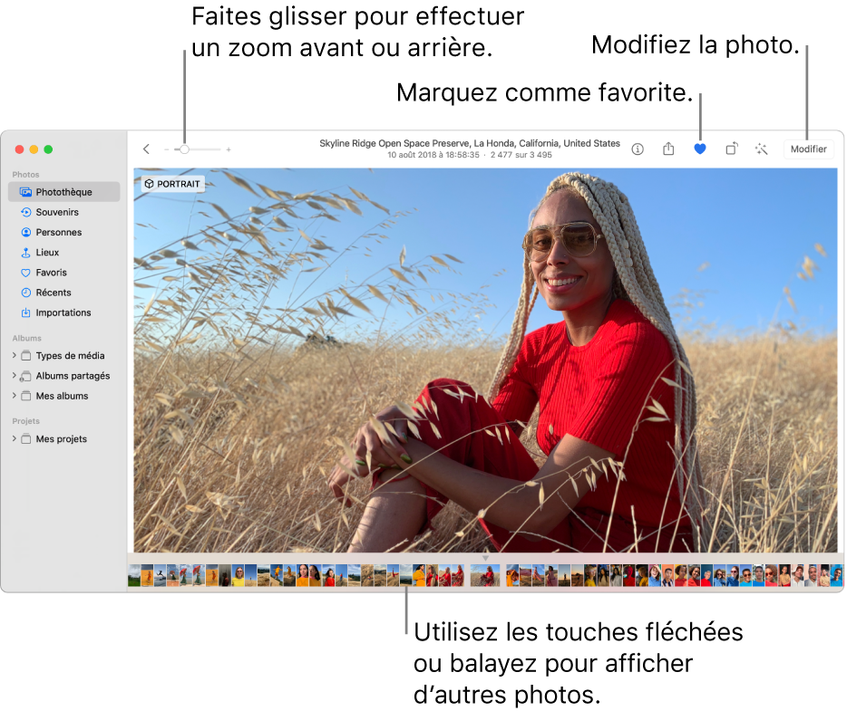 La fenêtre Photos affichant une photo élargie sur la droite avec une rangée de vignettes en dessous. La barre d’outils en haut inclut le curseur Zoom, le bouton Favori et le bouton Modifier.