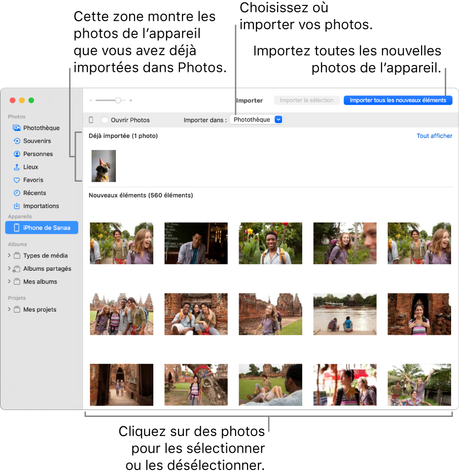 Les photos présentes sur l’appareil que vous avez déjà importées apparaissent en haut de la sous-fenêtre. Les nouvelles photos apparaissent en bas. En haut et au centre se trouve le menu contextuel « Importer vers ». Le bouton Importer tous les nouveaux éléments se trouve en haut à droite.