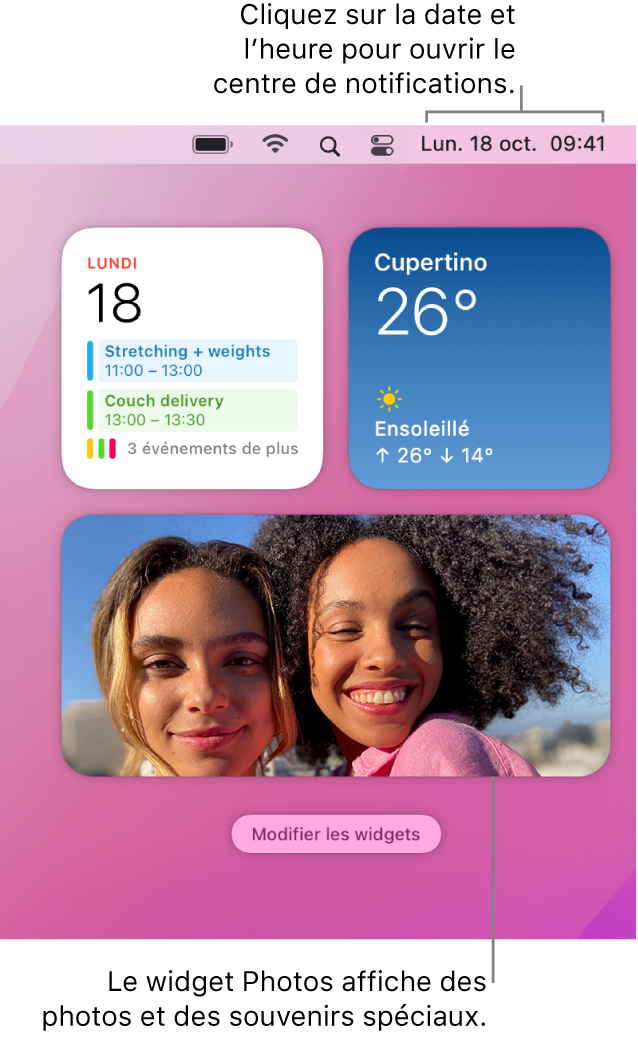 Le widget Photos dans le centre de notifications.